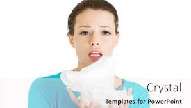  Presentation with sneezing - Presentation design featuring young woman with tissue - sneezing isolated on white background and a white colored foreground