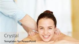  Presentation with spa salon - Slides enhanced with young woman with toothy smile enjoying massage in spa salon background and a lemonade colored foreground