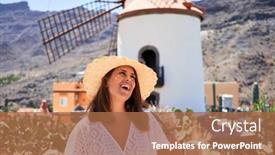  Presentation with windmill - Theme enhanced with young woman with traditional windmill on the background on a sunny day of summer holidays background and a coral colored foreground