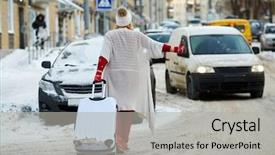  Presentation with snow cat - Colorful slide set enhanced with young woman with trolley bag tries to catch cat on snow-covered road rear view backdrop and a light gray colored foreground