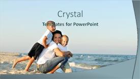  Presentation with sand ocean - Presentation theme having young woman with two boys on the sand by the ocean background and a sky blue colored foreground