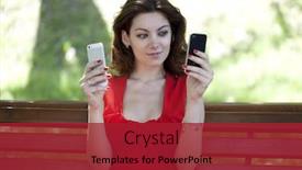  Presentation with smartphones - Cool new slide deck with young woman with two smartphones catches wi fi in the park backdrop and a crimson colored foreground