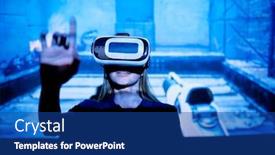  Presentation with video game - Colorful presentation theme enhanced with young-woman-with-vr-goggle backdrop and a ocean colored foreground