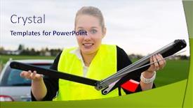  Presentation with triangle - Slides enhanced with young woman with warning triangle on street after a car breakdown background and a sky blue colored foreground