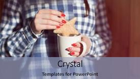  Presentation with star red - Slides having young woman with winter nordic print style red nails gingerbread star and cup of milk background and a light blue colored foreground