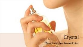  Presentation with bottle - Presentation featuring young woman with yellow perfume bottle background and a coral colored foreground