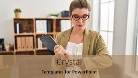  Presentation with office - Theme having young-woman-working-at-consultation background and a coral colored foreground