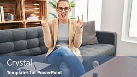  Presentation with rock music - Slide set having young-woman-working-at-consultation background and a ocean colored foreground