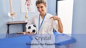  Presentation with self - Presentation design having young-woman-working-at-football background and a teal colored foreground