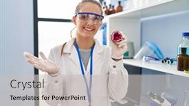  Presentation with geode - Slide set having young-woman-working-at-scientist background and a light gray colored foreground