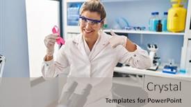  Presentation with pink ribbon - Presentation design with young-woman-working-at-scientist background and a light gray colored foreground