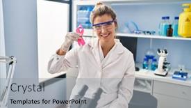  Presentation with pink ribbon - Slide deck with young-woman-working-at-scientist background and a light gray colored foreground