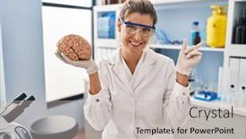  Presentation with laboratory - Slide deck featuring young-woman-working-at-scientist background and a light gray colored foreground