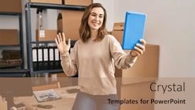  Presentation with ecommerce - Slide set featuring young-woman-working-ecommerce-doing background and a coral colored foreground