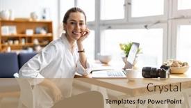  Presentation with company - Slide deck with young-woman-working-in-creative background and a coral colored foreground