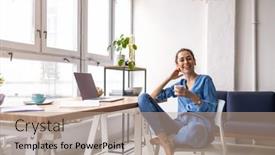  Presentation with creative - Cool new slides with young-woman-working-in-creative backdrop and a coral colored foreground