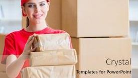  Presentation with distribution - PPT layouts with young woman working in parcel distribution center background and a lemonade colored foreground