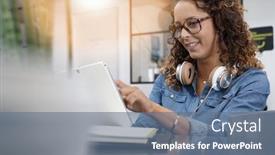  Presentation with company - PPT theme with young woman working in startup company background and a ocean colored foreground