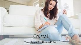  Presentation with living room - Beautiful theme featuring young woman working out finances backdrop and a light blue colored foreground