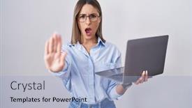  Presentation with computer - Presentation design consisting of young-woman-working-using-computer background and a light blue colored foreground