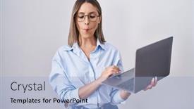  Presentation with computer - Presentation design enhanced with young-woman-working-using-computer background and a light blue colored foreground