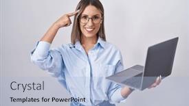  Presentation with memory computer - Slides consisting of young-woman-working-using-computer background and a light blue colored foreground