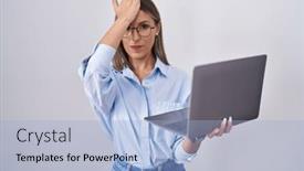  Presentation with computer memory - Presentation theme consisting of young-woman-working-using-computer background and a light blue colored foreground