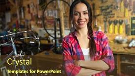  Presentation with repair shop - Colorful presentation enhanced with young woman working in a bicycle repair shop backdrop and a tawny brown colored foreground