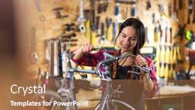  Presentation with repair shop - PPT theme enhanced with young woman working in a bicycle repair shop background and a coral colored foreground