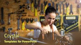  Presentation with repair shop - Slide set with young woman working in a bicycle repair shop background and a tawny brown colored foreground
