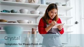  Presentation with pottery - PPT theme consisting of young-woman-working background and a light blue colored foreground