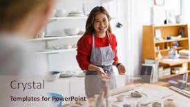  Presentation with pottery - Theme enhanced with young-woman-working background and a coral colored foreground