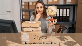  Presentation with woman world - PPT layouts featuring young-woman-working background and a coral colored foreground