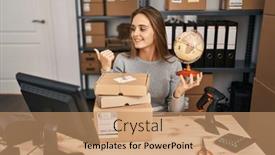  Presentation with woman world - PPT theme having young-woman-working background and a coral colored foreground