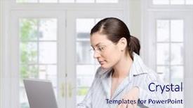  Presentation with computer room - Presentation theme featuring young woman works on laptop computer there is morning at home in a light and clean living room dominated by white and soft tones background and a sky blue colored foreground