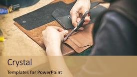  Presentation with leather - Colorful slide deck enhanced with young woman works with leather backdrop and a coral colored foreground