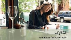  Presentation with cafe - Presentation theme consisting of young woman writing at sidewalk background and a mint green colored foreground