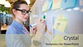  Presentation with business plan - Colorful slide deck enhanced with young woman writing business plan backdrop and a soft green colored foreground