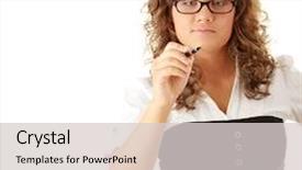  Presentation with writing - PPT theme having young woman writing on abstract screen glass background and a light gray colored foreground