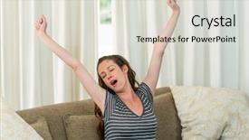  Presentation with living room - Audience pleasing slide deck consisting of young woman yawning and stretching her hands on sofa in living room backdrop and a sky blue colored foreground