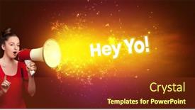  Presentation with yelling - PPT theme enhanced with young-woman-yelling-to-loudspeaker background and a tawny brown colored foreground