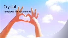  Presentation with heart in hands - PPT theme consisting of young woman's hands making background and a light blue colored foreground