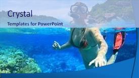  Presentation with tropical - PPT theme featuring young women at snorkeling in the tropical water background and a sky blue colored foreground