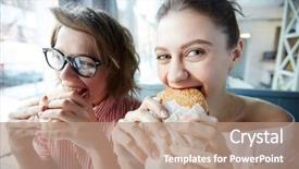 Presentation with women journey - Slide deck enhanced with young women eating tasty fast background and a  colored foreground