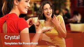  Presentation with coffee - Colorful PPT theme enhanced with young women having coffee break backdrop and a crimson colored foreground