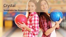  Presentation with bowling - PPT layouts having young women holding bowling ball in club background and a coral colored foreground