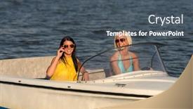  Presentation with women driving - Audience pleasing PPT theme consisting of young women in sunglasses sitting in motorboat driving backdrop and a ocean colored foreground