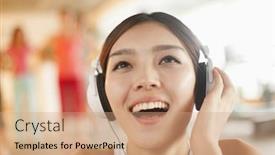  Presentation with listening - Audience pleasing PPT theme consisting of young women listening to music backdrop and a coral colored foreground