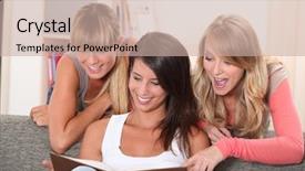  Presentation with women photos - PPT theme with young women looking at photos background and a soft green colored foreground