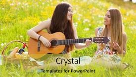  Presentation with picnic - Beautiful PPT theme featuring young women on a picnic backdrop and a yellow colored foreground
